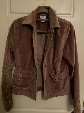 Ann Taylor LOFT Taupe Brown Cotton Velvet Button Jacket Half Belt 2